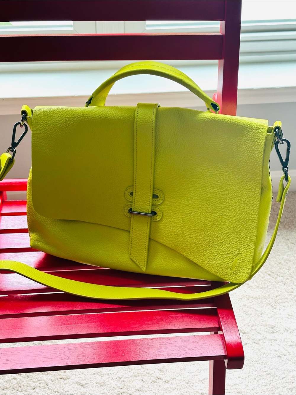 New John Fluevog Lime Green Grain Leather Satchel Handbag -Slouchy - Picture 2 of 9